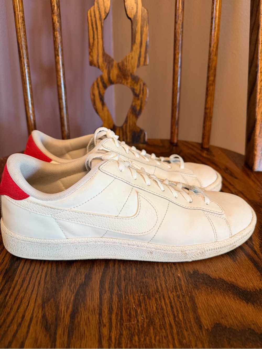 Nike White Leather Low Court Sneakers with Red Heel Tab